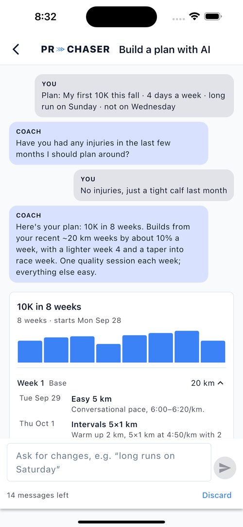 PR Chaser AI Coach: a short conversation about a first 10K, then an 8-week plan with weekly distance bars and sessions