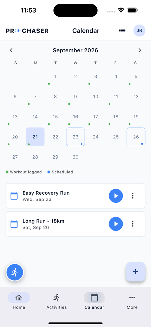 PR Chaser calendar showing logged workouts and an upcoming scheduled run