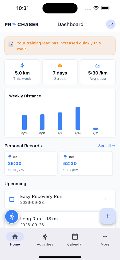 PR Chaser dashboard showing weekly distance, a training streak, and personal records